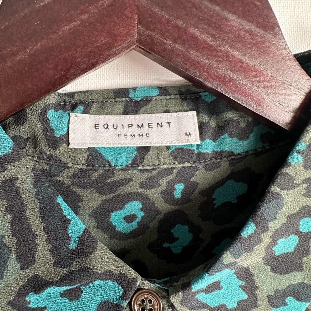 Equipment Silk Blouse, Teal & Dark Khaki Green, Sheer Leopard Print, Med